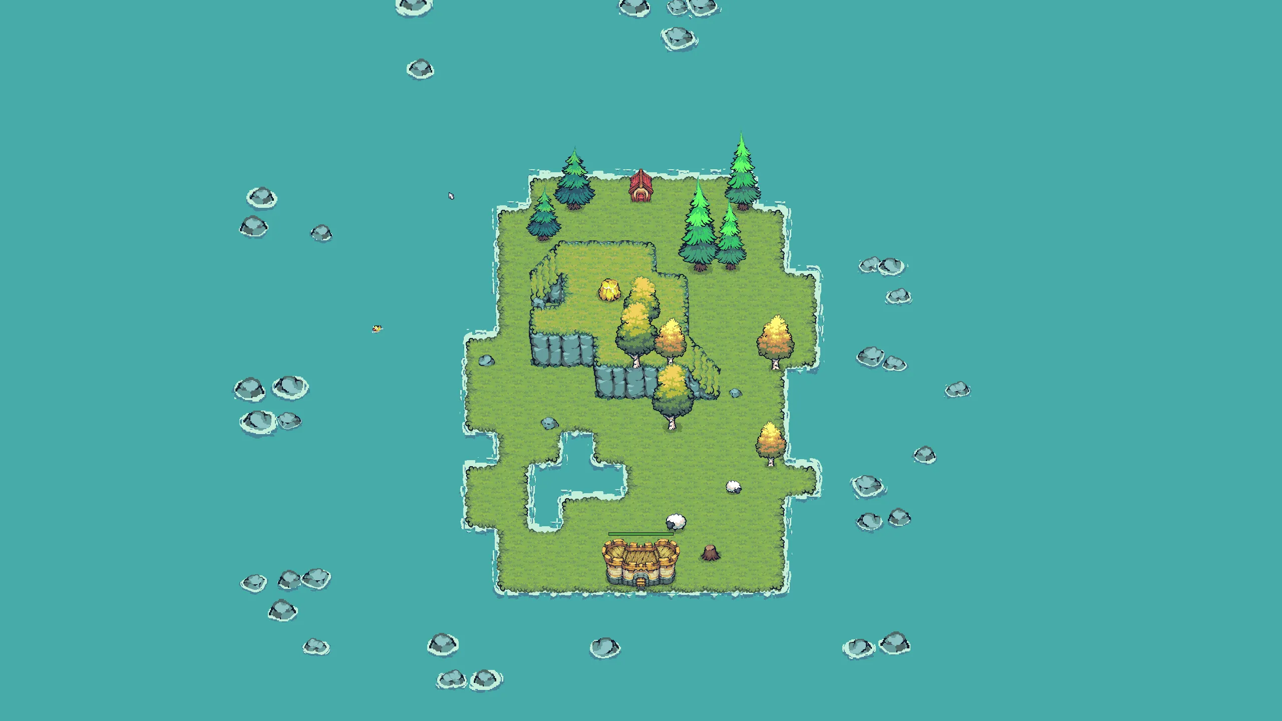 The Just One More Wave title screen: an authored island, one character per cell.
